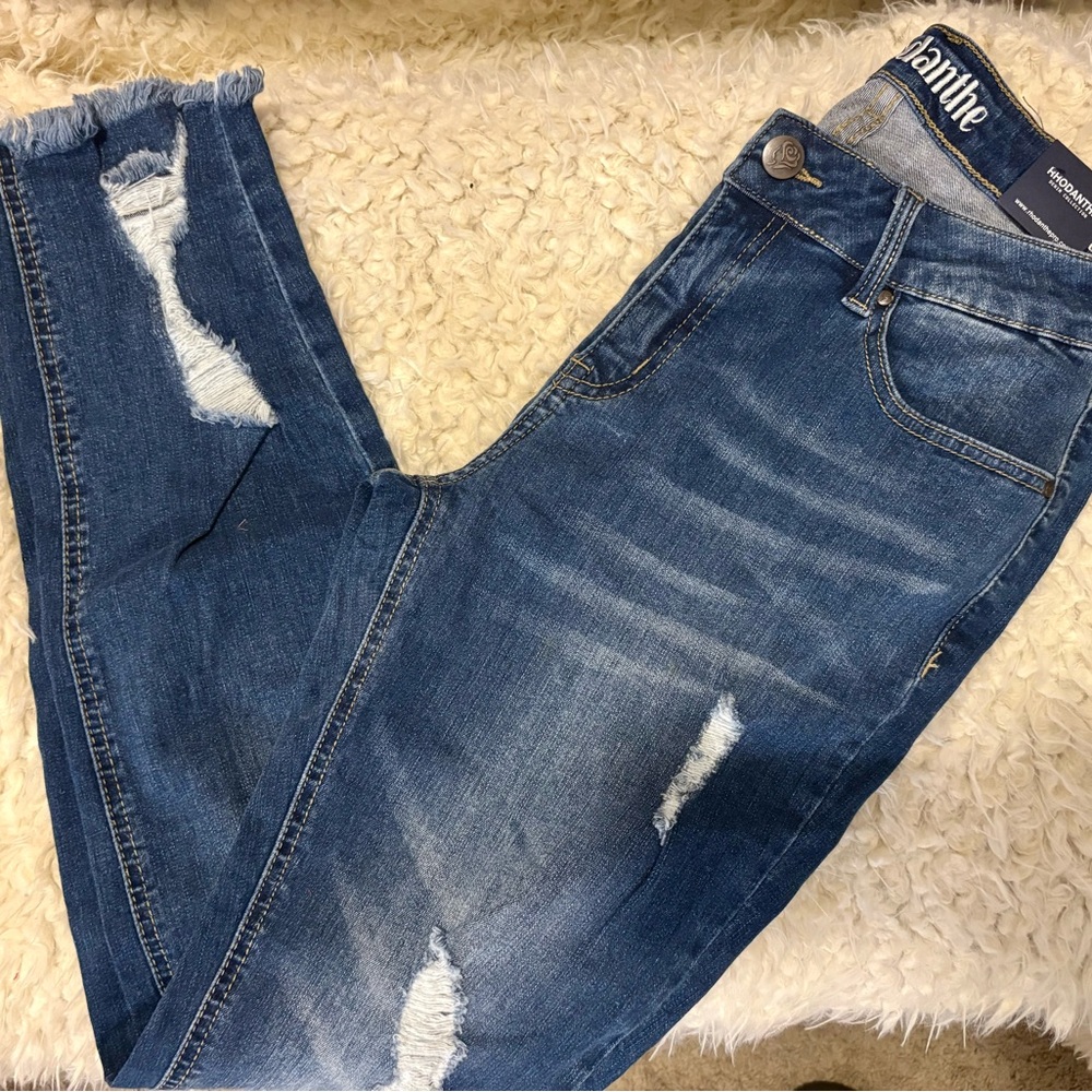 Blue Skinny Boyfriend Distressed Jeans with Fading